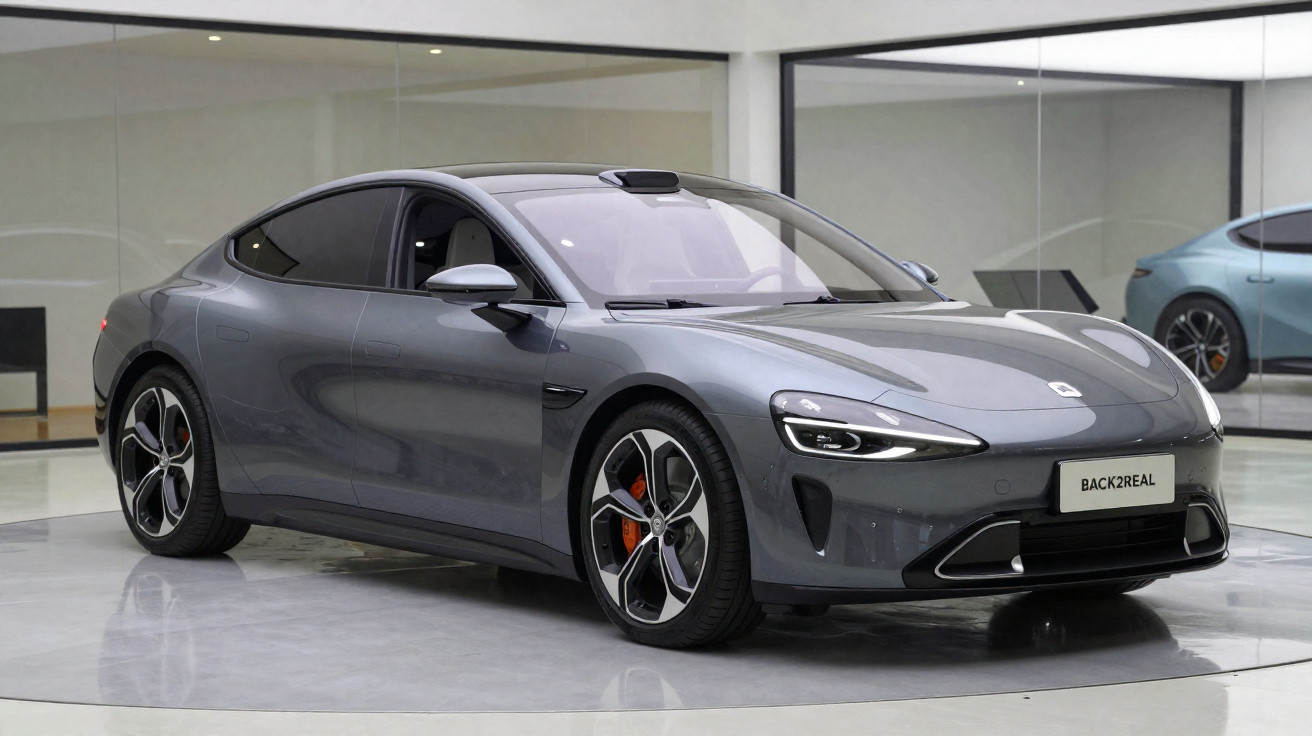 Carro elétrico cinza estacionado em ambiente interno moderno com piso refletivo e grandes janelas de vidro.