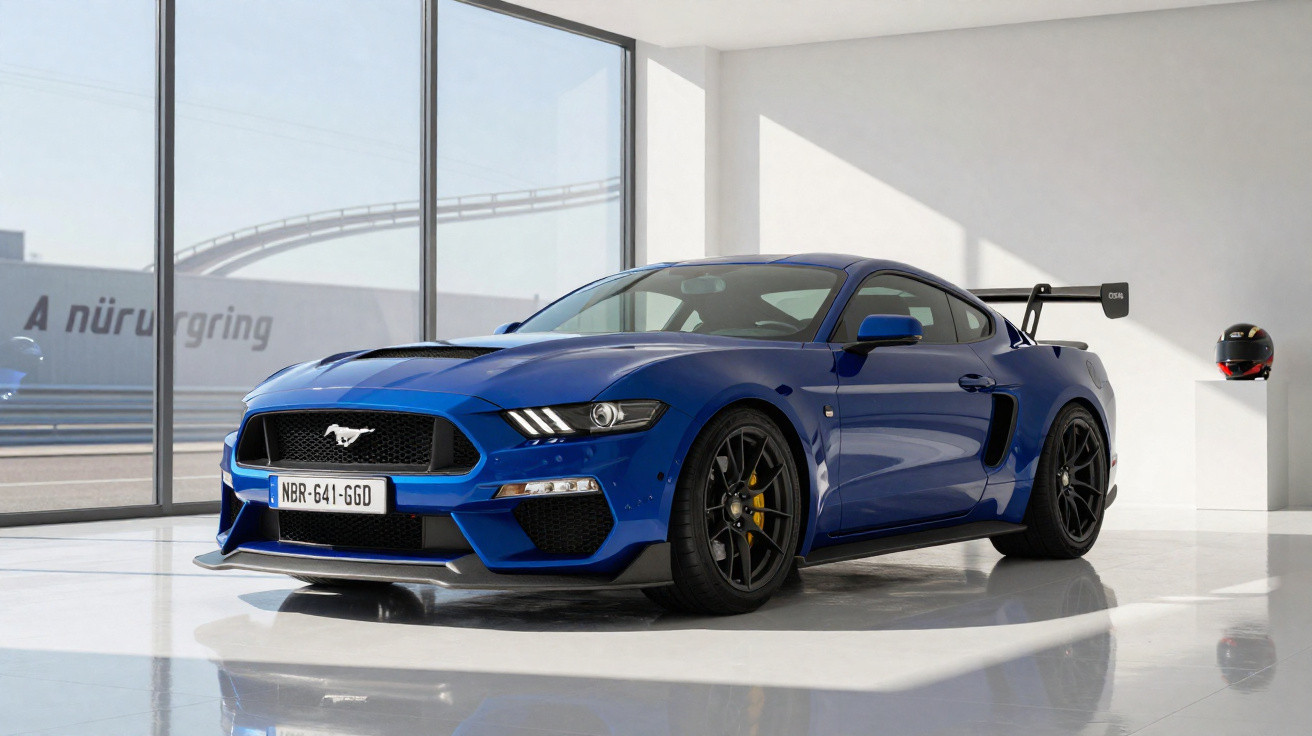 Carro esportivo azul Ford Mustang GT com aerofólio em ambiente interno moderno e iluminado.