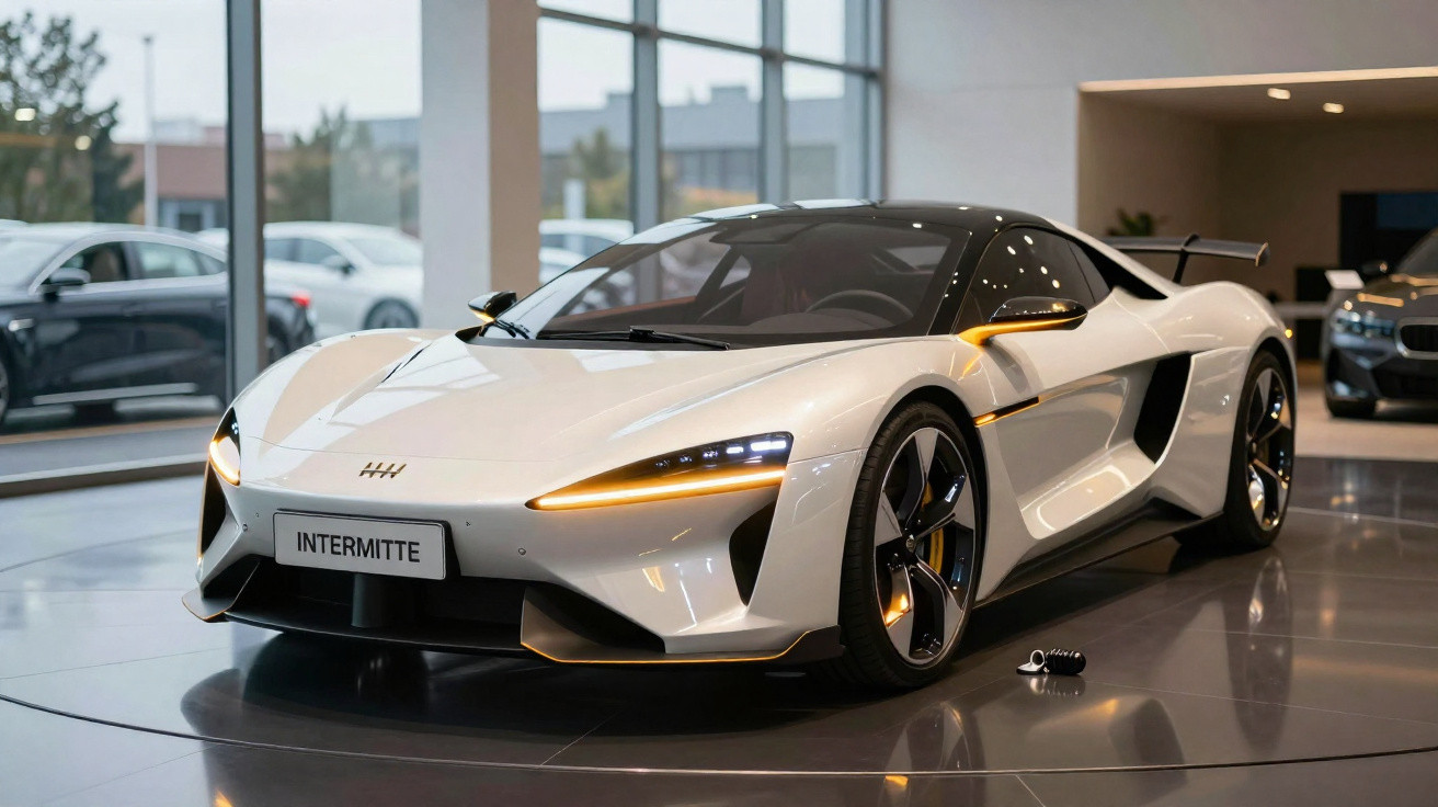 Carro esportivo branco com faróis acesos exibido em showroom moderno de vidro.