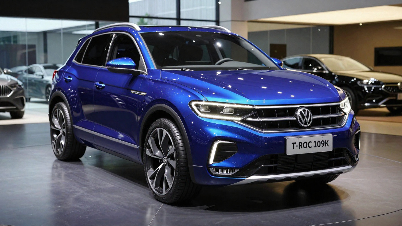 Carro SUV Volkswagen T-Roc azul exposto em showroom moderno e iluminado.