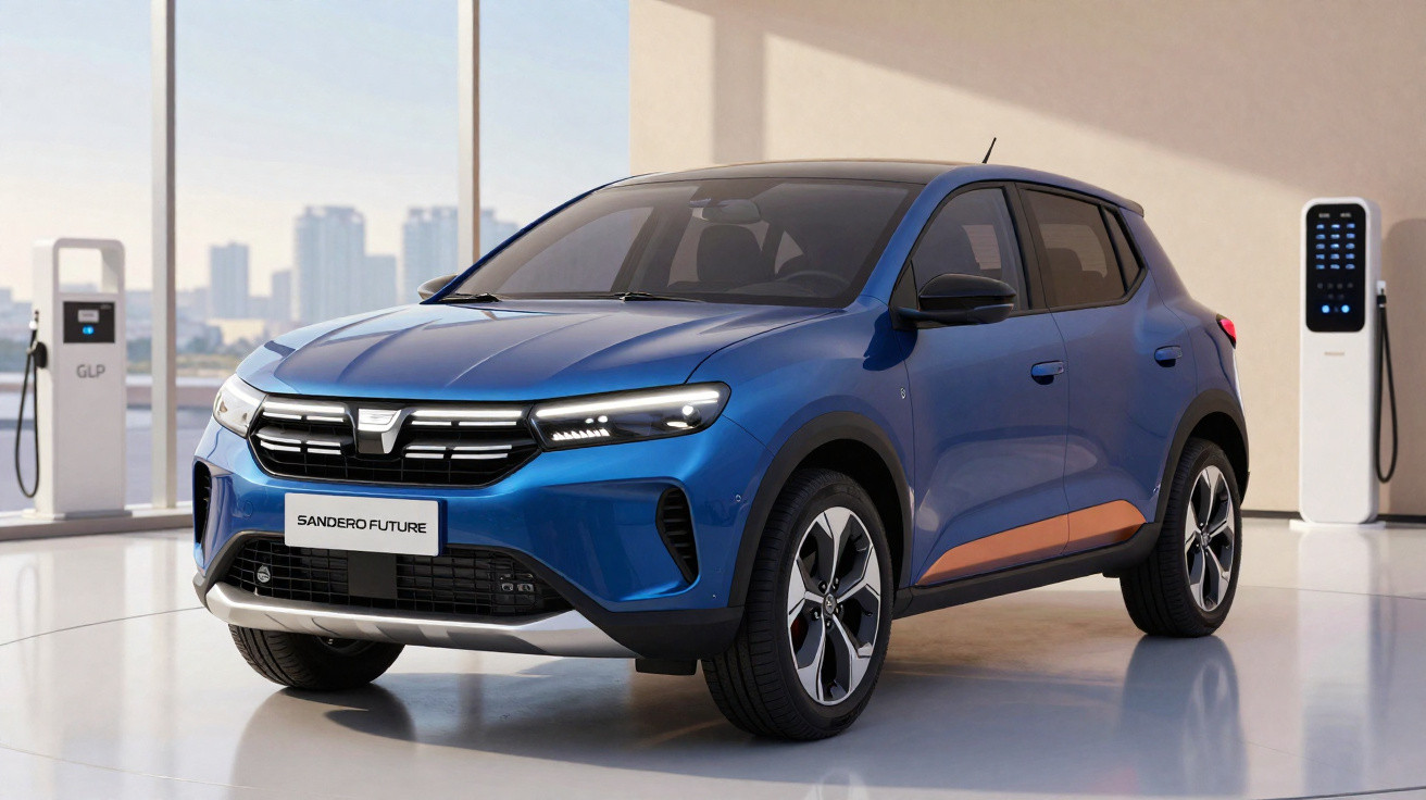 Carro azul Renault Sandero Future em ambiente moderno com estações de recarga ao fundo.