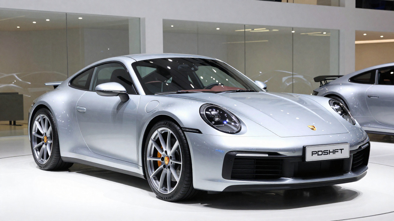 Carro esportivo Porsche prata exibido em ambiente interno com iluminação branca.