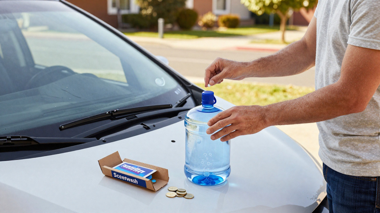 Pessoa abrindo garrafa de água sobre capô de carro branco, ao lado de moedas e caixa de produto azul.