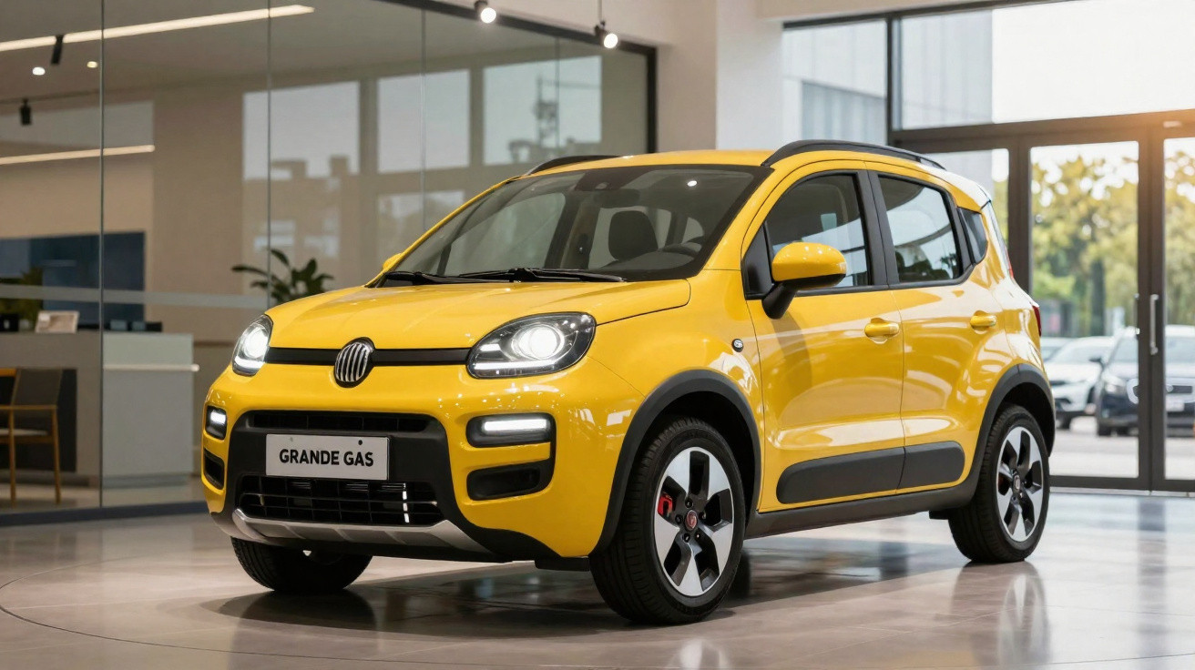 Carro compacto amarelo estacionado em showroom moderno com luz natural e piso refletivo.