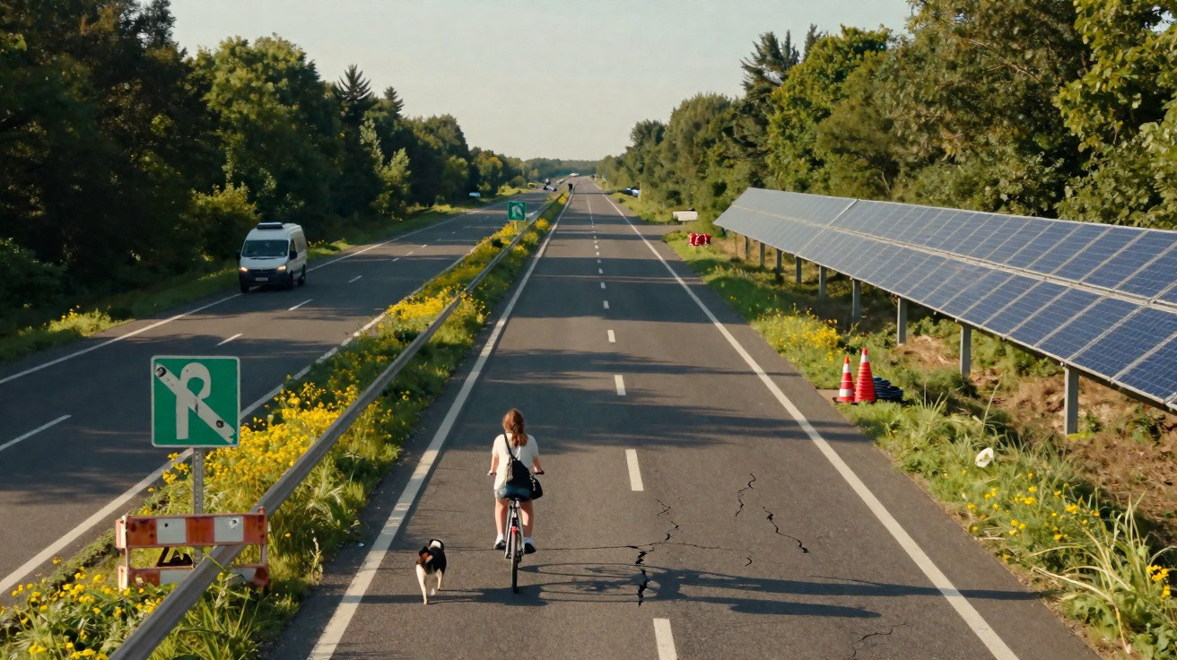 Mulher andando de bicicleta acompanhada por cachorro ao lado de painéis solares em estrada rural.