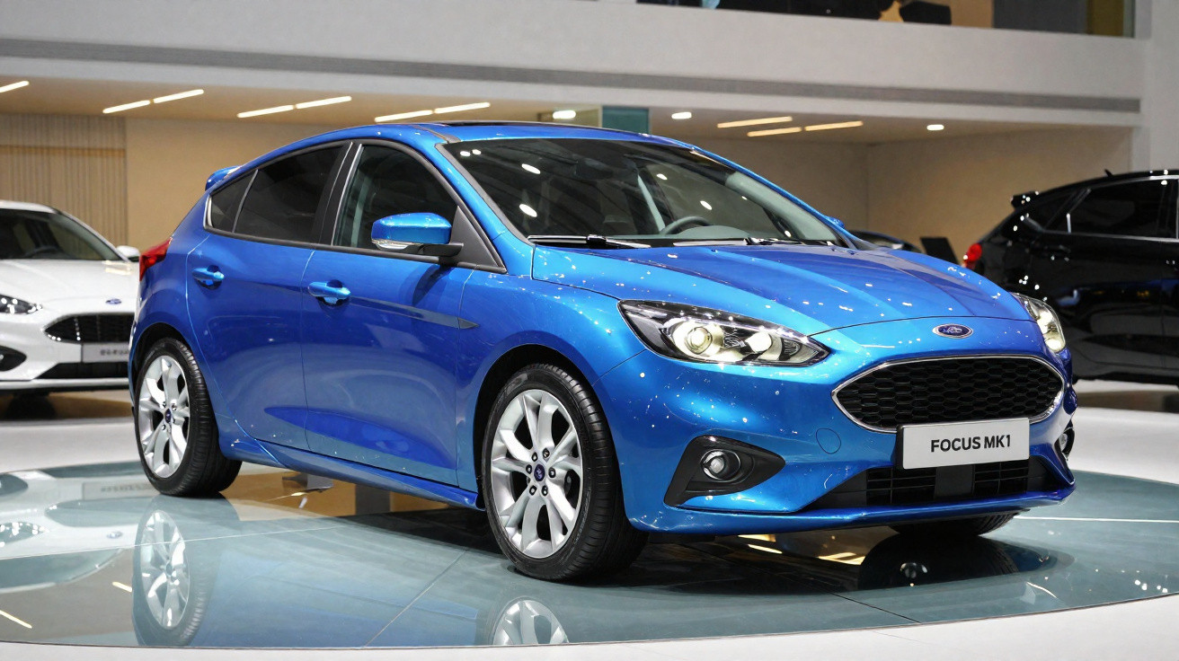 Carro hatch azul Ford Focus MK1 exibido em salão automobilístico, com iluminação interna refletida na lataria.