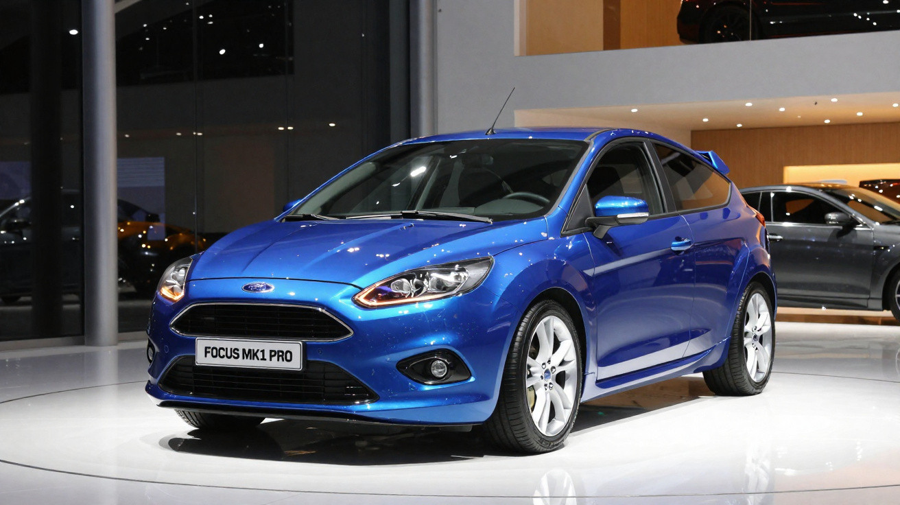 Carro azul Ford Focus MK1 Pro exibido em salão automotivo com iluminação interna.