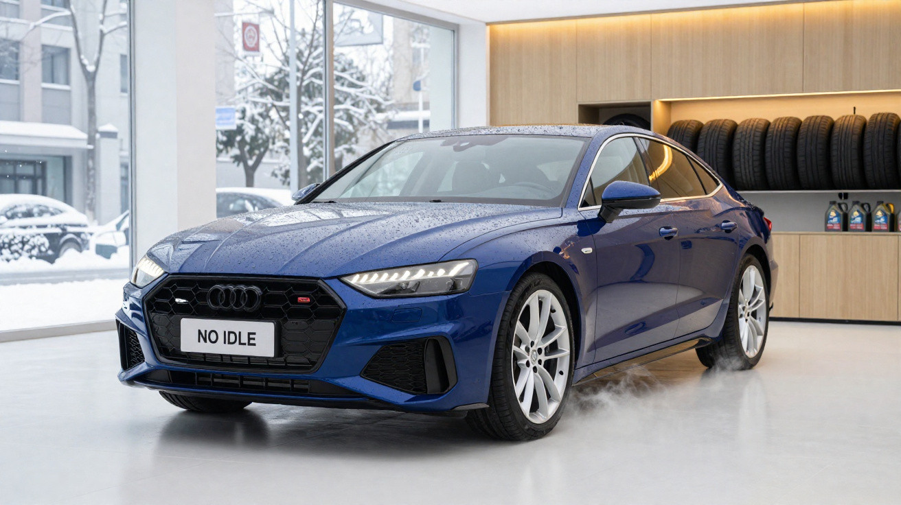 Carro Audi azul estacionado em espaço interno com chão branco e pneus ao fundo.