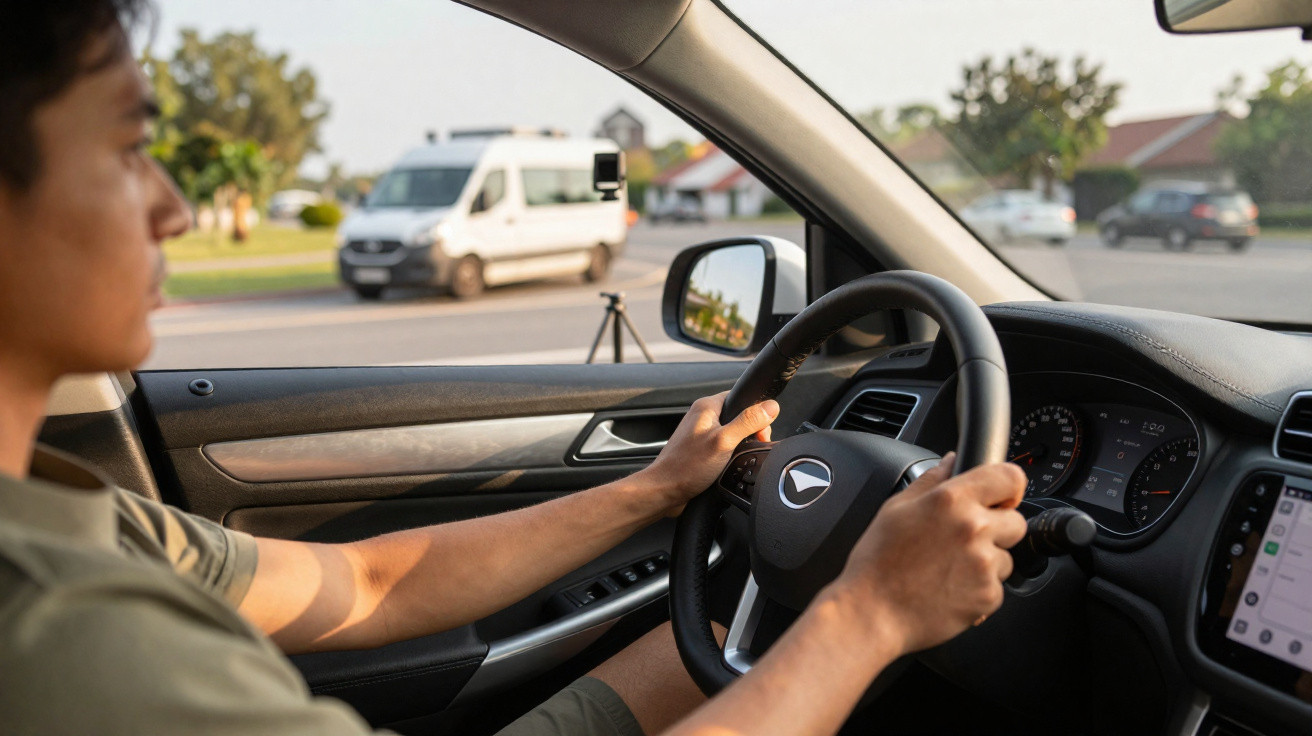 Pessoa jovem dirigindo um carro com volante preto, visível painel e retrovisor externo.