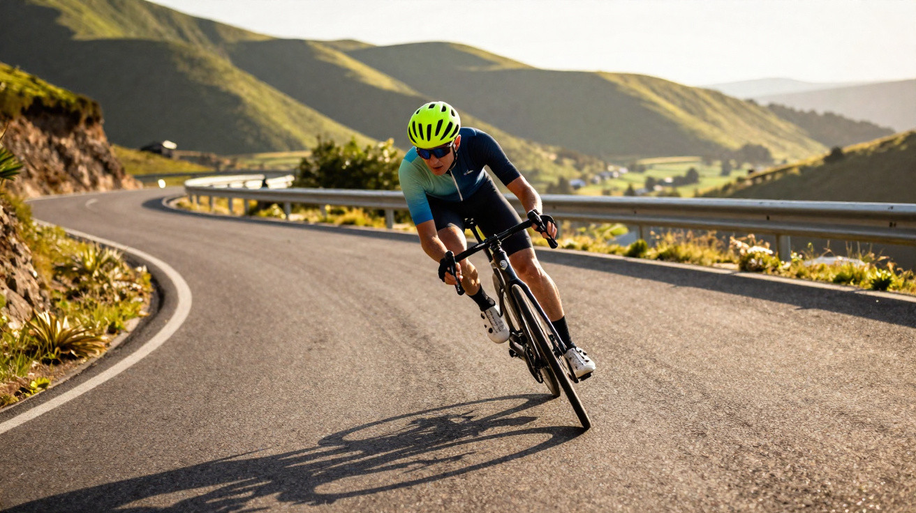 Ciclista com capacete verde em curva de estrada em área montanhosa sob luz do sol.