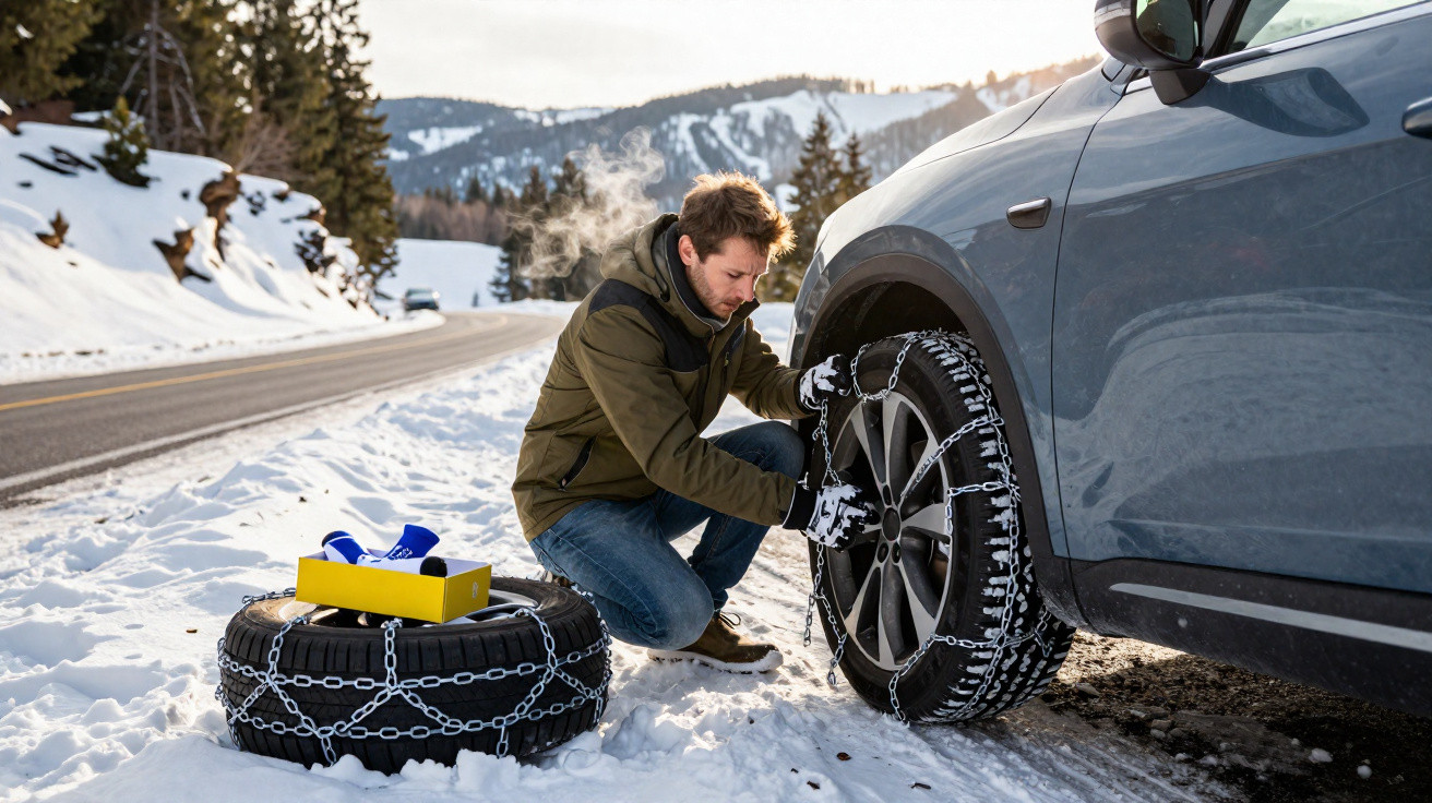 Homem instalando correntes de neve em pneu de carro ao lado de outro pneu com correntes, em estrada nevada.