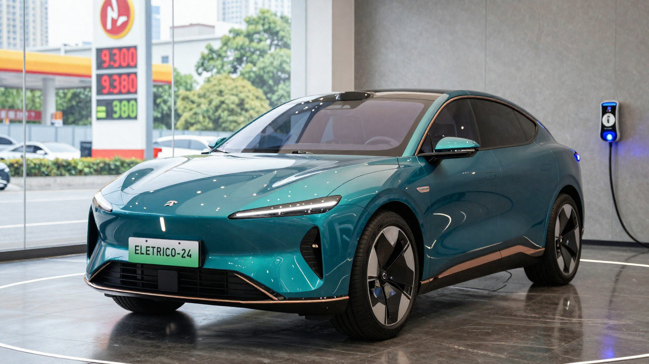 Carro elétrico azul moderno em exposição, com placa "ELETRICO-24" e carregador na parede ao fundo.