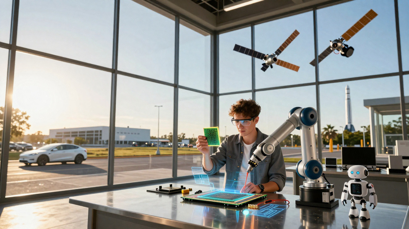 Jovem em laboratório tecnológico operando robô e analisando circuitos com satélites holográficos no fundo.