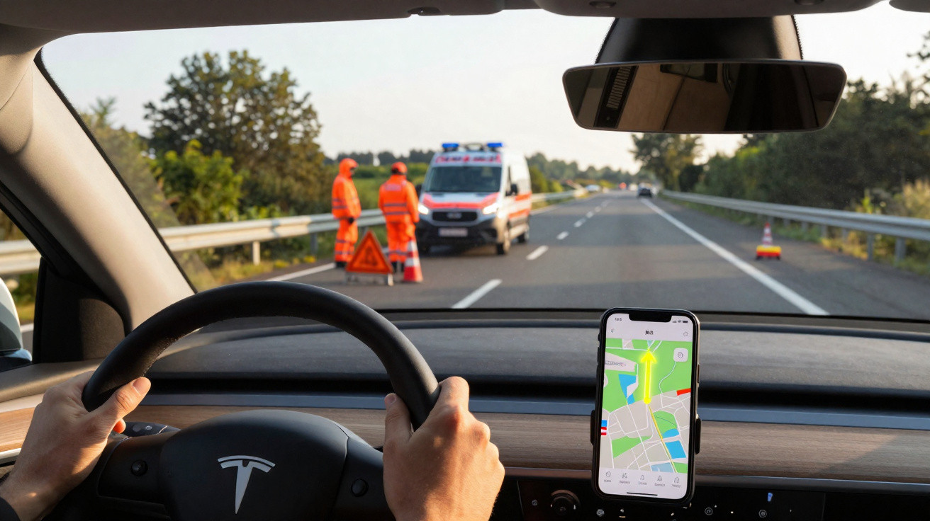 Motorista em Tesla com celular usando GPS enquanto equipe com coletes laranja sinaliza acidente na rodovia.