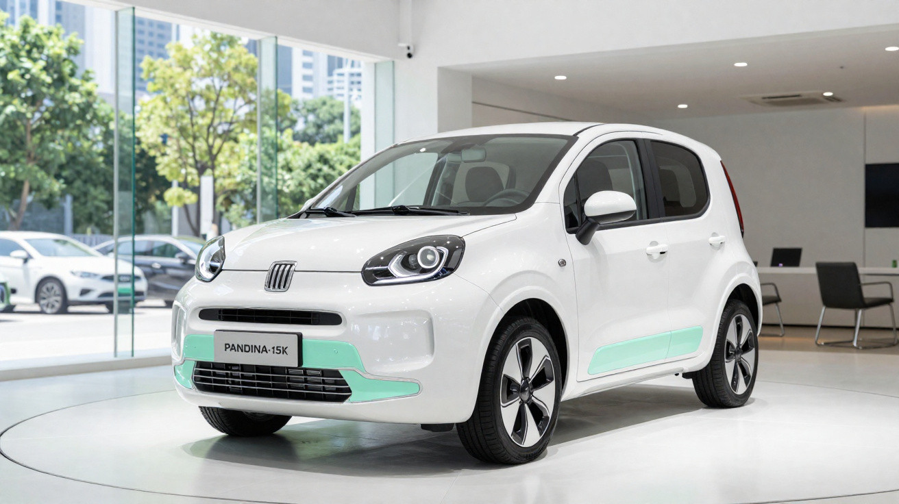 Carro elétrico branco Fiat Pandina-15K exibido em showroom moderno com iluminação clara.