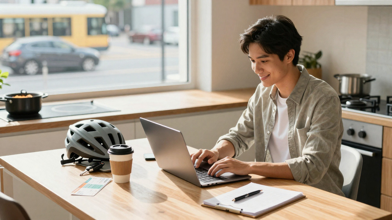 Jovem sorridente usando laptop em mesa de cozinha com capacete, café e caderno ao lado.