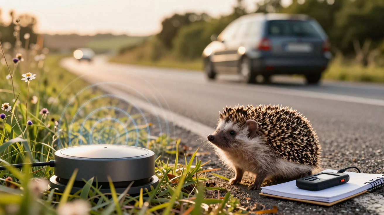 Ouriço próximo a dispositivo eletrônico e bloco de notas à beira de estrada com carro ao fundo.