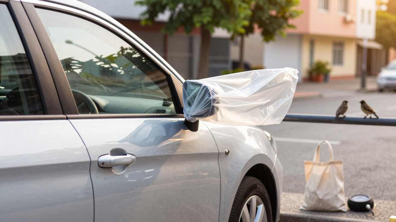 Carro prata estacionado com espelho retrovisor coberto por saco plástico na rua ao entardecer.