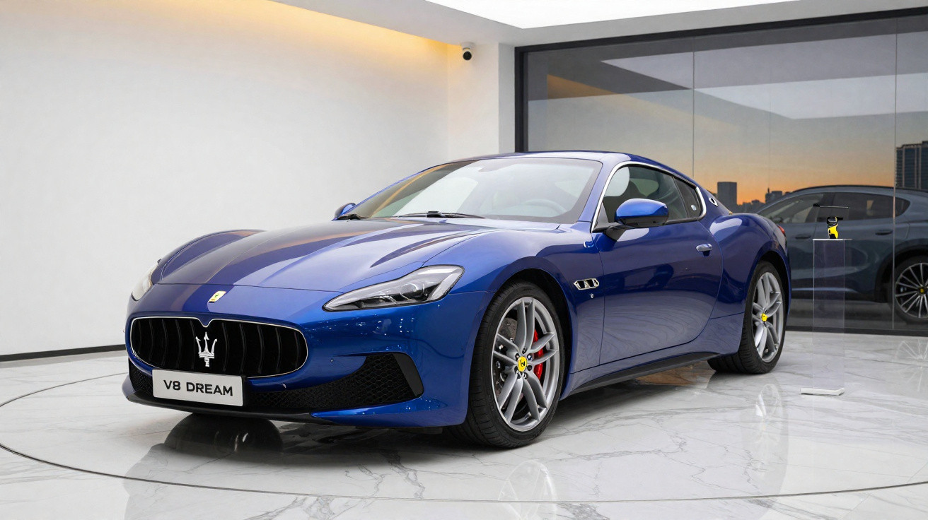 Carro esportivo azul Maserati V8 Dream em exposição em ambiente interno moderno.