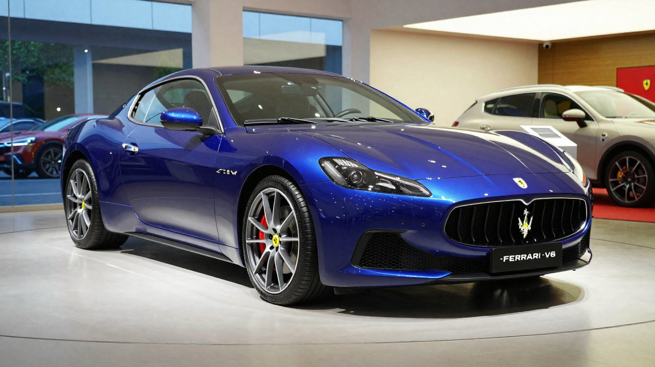 Carro esportivo Ferrari V6 azul exposto em showroom moderno, com rodas prata e freios vermelhos.