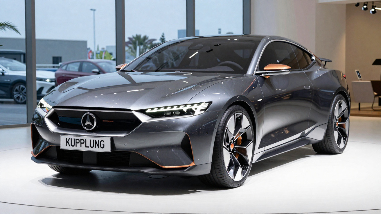 Carro esportivo cinza com design futurista exposto em ambiente interno iluminado.