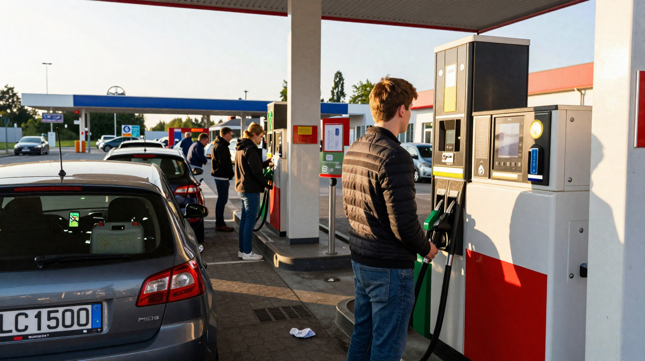 Pessoas abastecendo carros em posto de gasolina sob luz do dia em fila organizada na bomba.