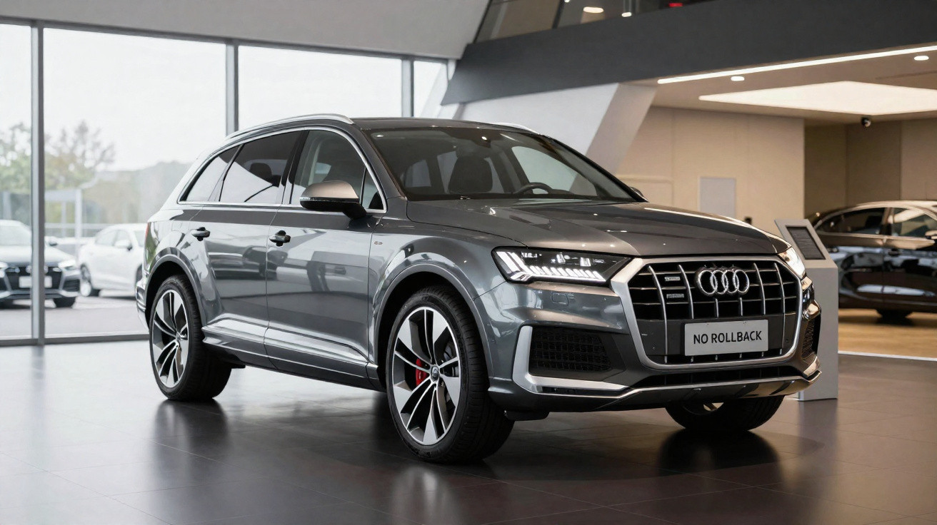 Carro cinza Audi SUV Q7 exibido em showroom moderno com chão de porcelanato escuro.