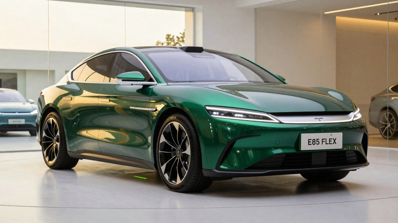 Carro elétrico verde metálico modelo E85 FLEX exibido em showroom moderno com teto de vidro.
