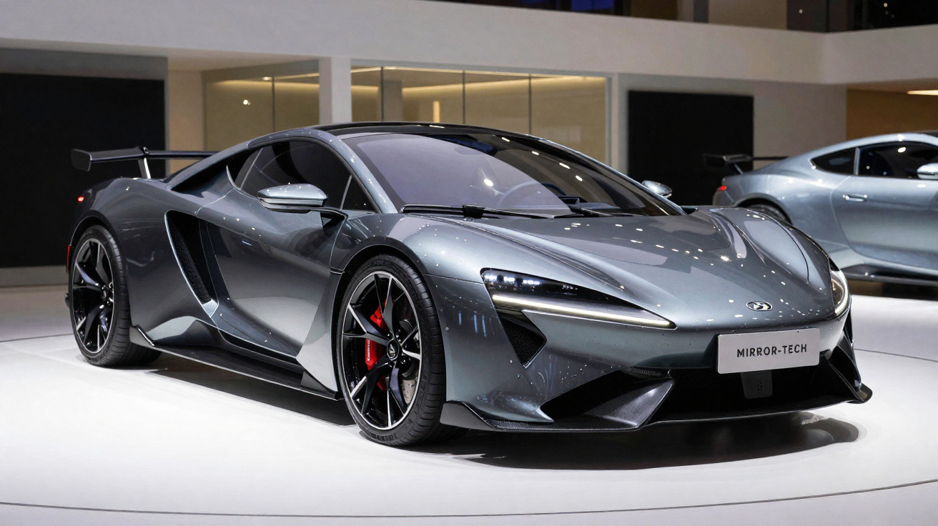Carro esportivo cinza escuro com design aerodinâmico, rodas pretas e freios vermelhos em exposição interna.