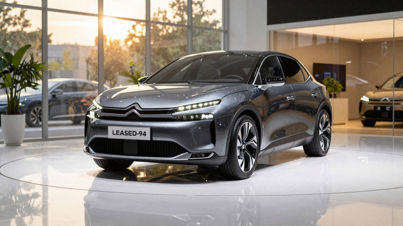 Carro elétrico Citroën cinza estacionado em showroom moderno com iluminação natural ao fundo.