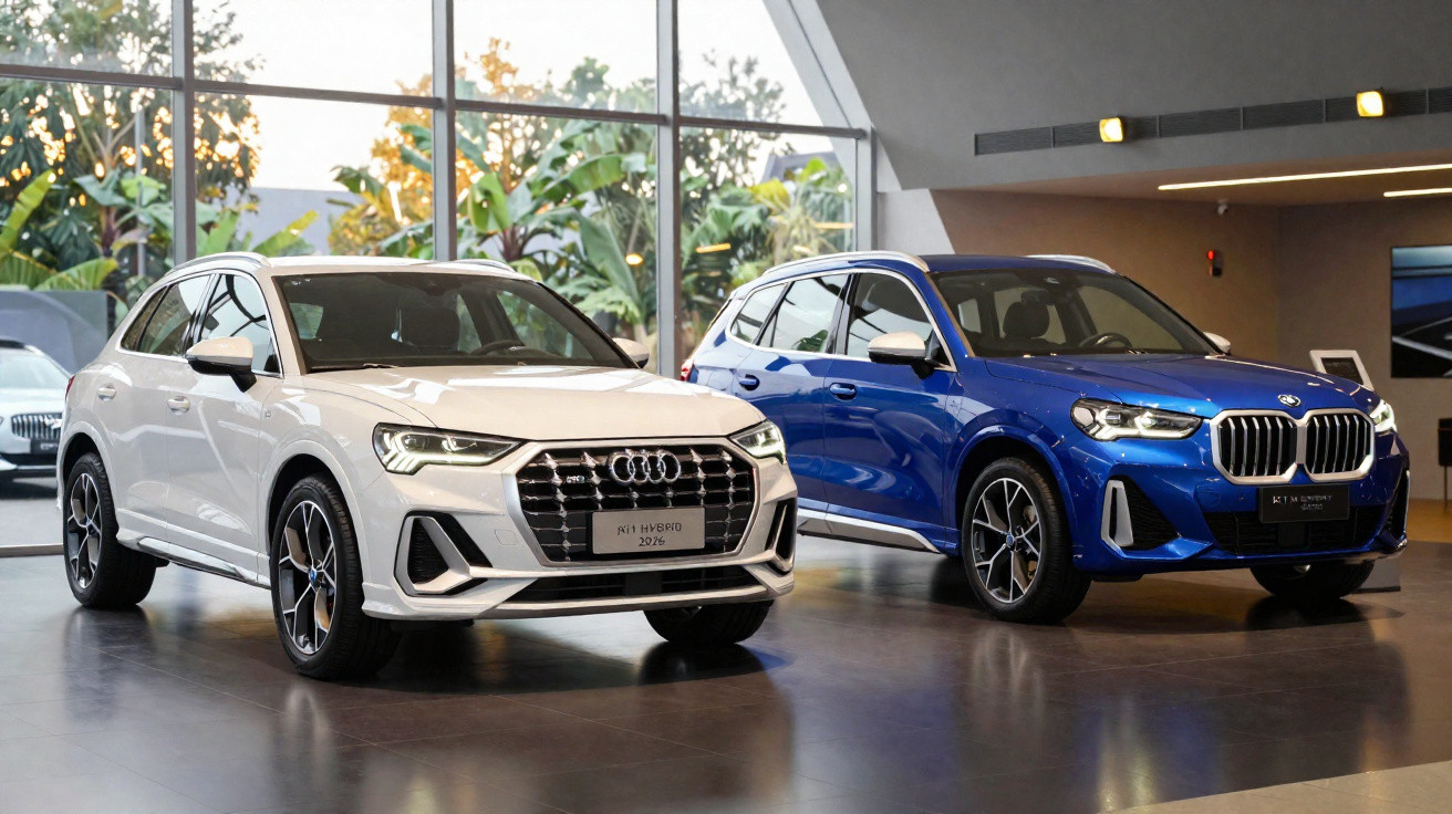 Dois SUVs estacionados em sala de exposição, um branco Audi Q3 e um azul BMW X1.