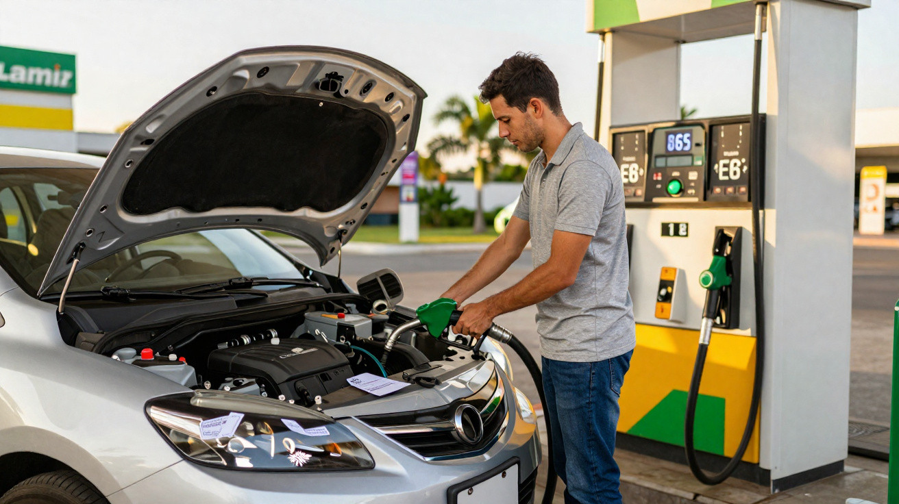 Homem abastecendo carro com capô aberto em posto de gasolina durante o dia.