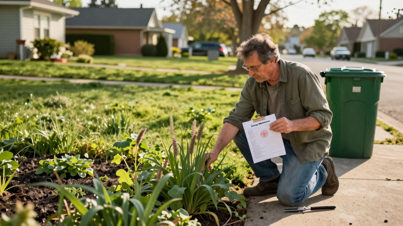 Homem ajoelhado cuidando de plantas no jardim de uma casa, segurando documento e lápis.