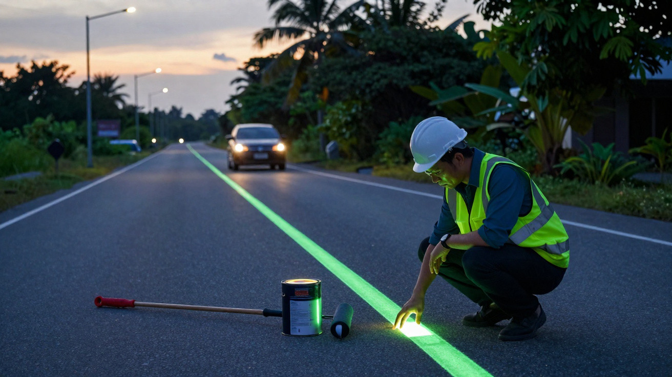 Homem com capacete e colete reflete linha verde luminosa pintada no meio da estrada ao entardecer.