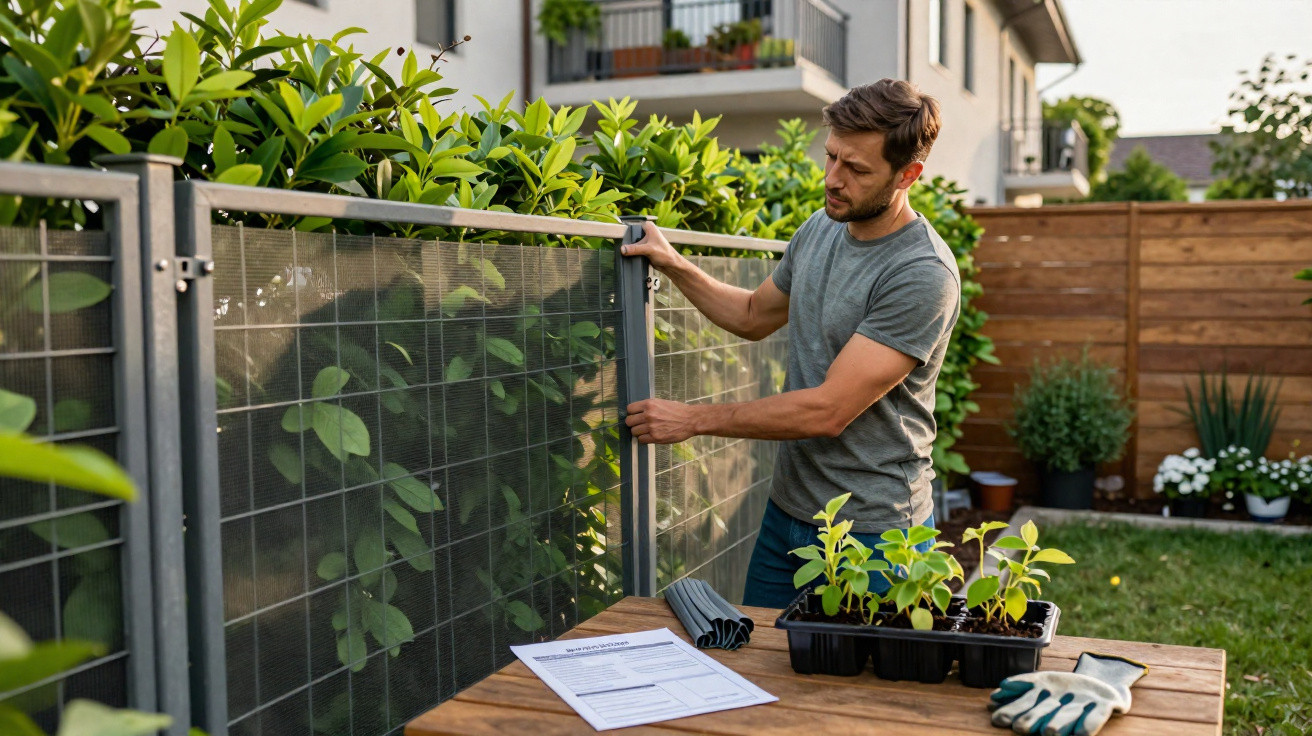 Homem instalando cerca de jardim em área externa residencial com plantas e utensílios de jardinagem.