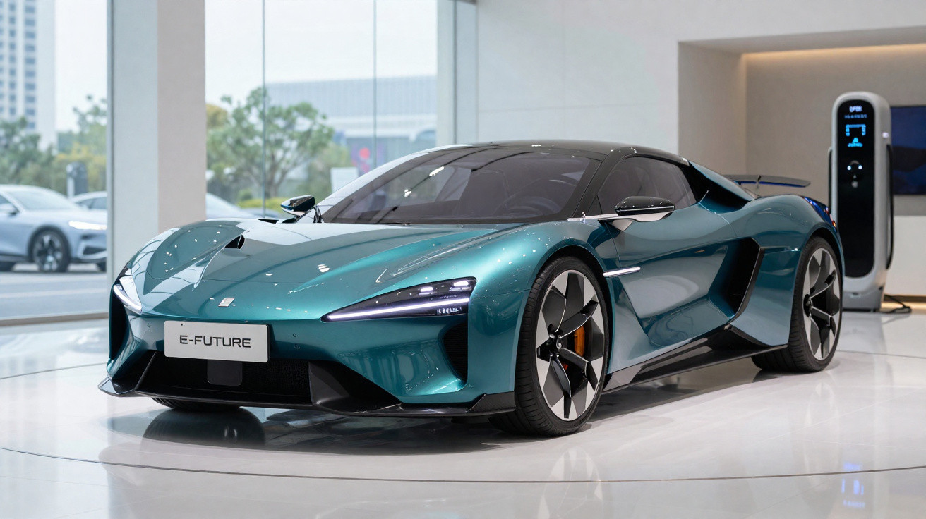 Carro esportivo elétrico azul metálico exibido em showroom moderno com posto de carregamento ao fundo.