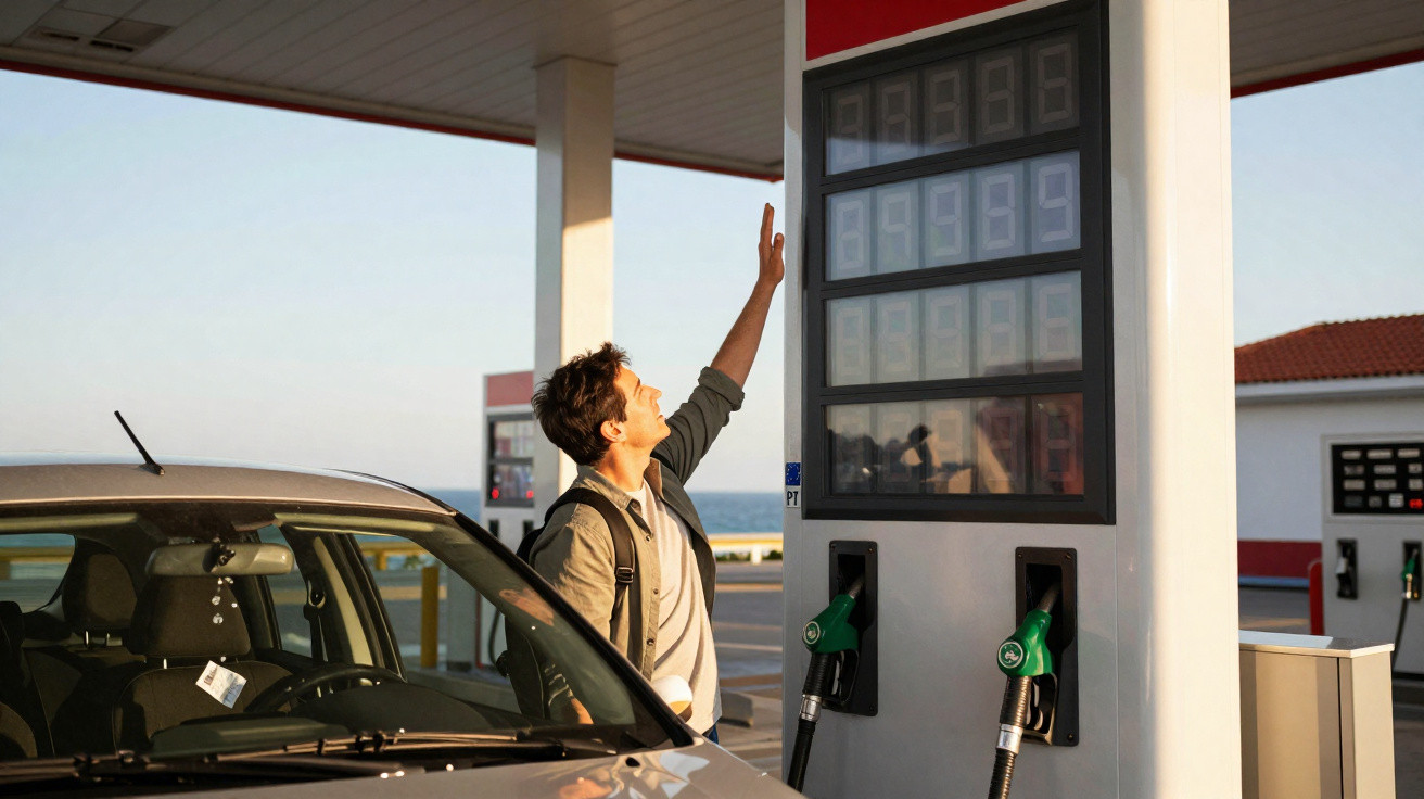 Homem verifica o preço do combustível em posto de gasolina ao lado de carro cinza ao entardecer.