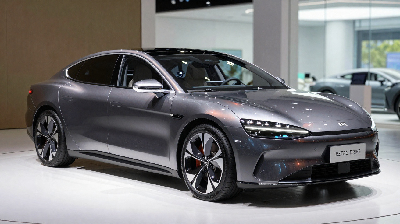 Carro sedan elétrico cinza escuro com design moderno em exposição em ambiente interno.