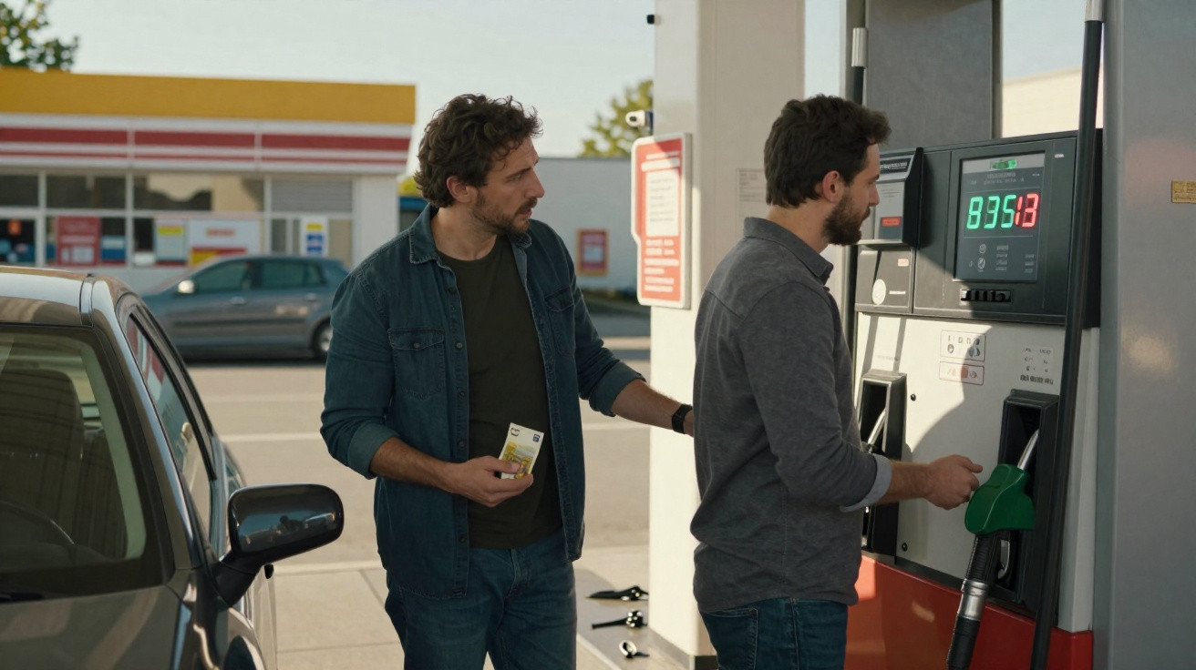 Dois homens no posto de gasolina, um abastecendo o carro e outro segurando dinheiro.