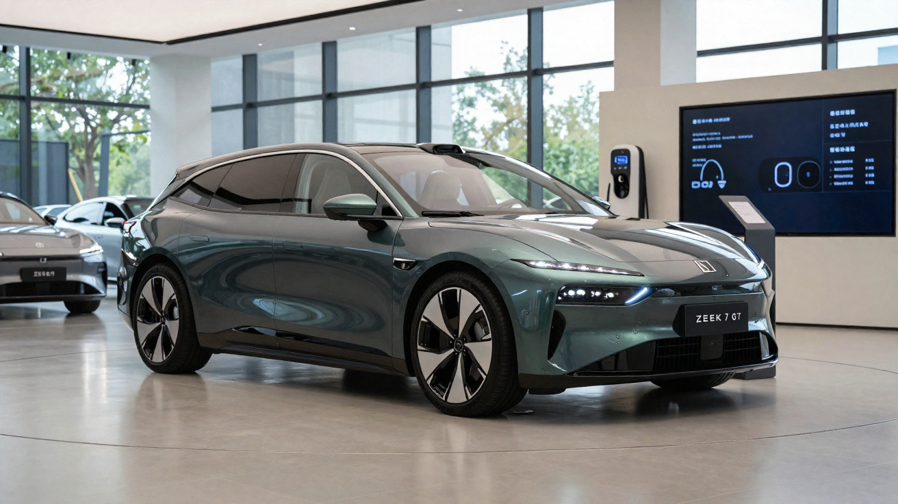 Carro elétrico cinza escuro modelo Zeekr 7 GT em showroom moderno com parede de vidro e estação de recarga.