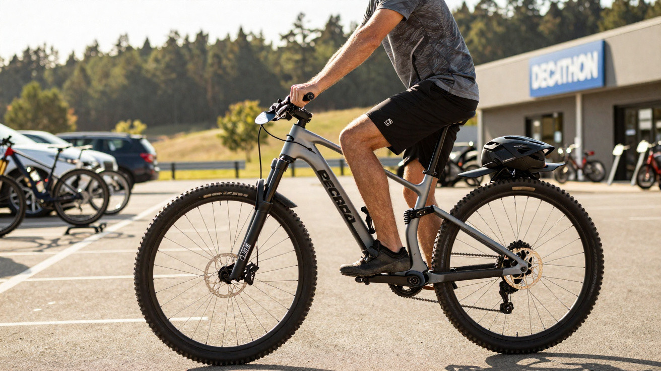 Pessoa pedalando bicicleta elétrica cinza em estacionamento próximo a loja Decathlon em dia ensolarado.