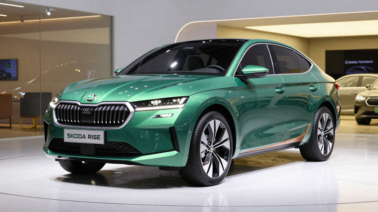 Carro Skoda Rise verde metálico exposto em salão de automóveis moderno.