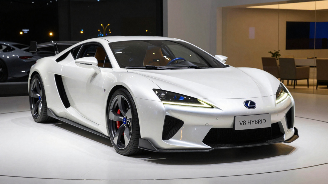 Carro esportivo branco Lexus V8 Hybrid exibido em ambiente interno com luzes refletindo na superfície.
