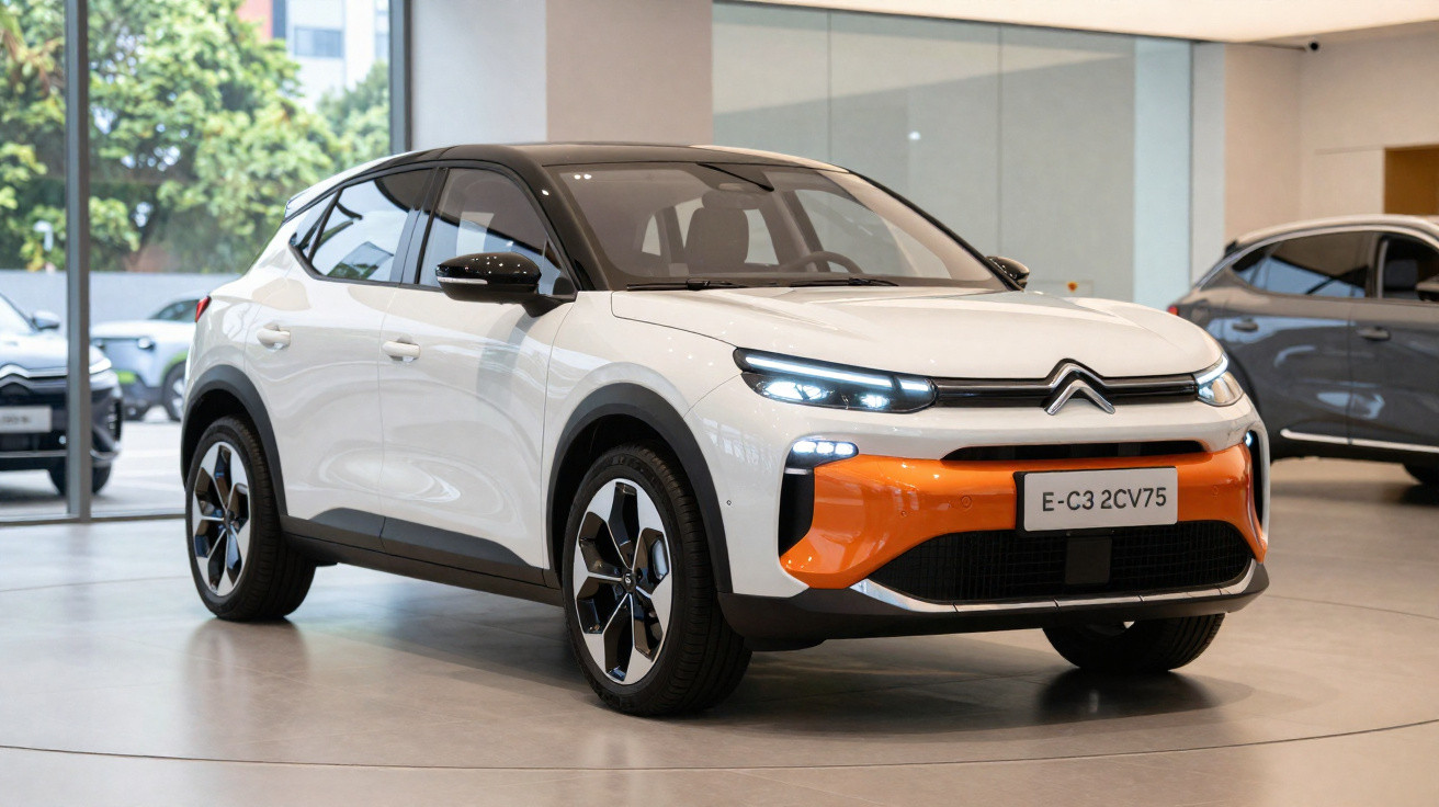Carro Citroën E-C3 2CV75 branco com detalhe laranja, exibido em showroom moderno e iluminado.