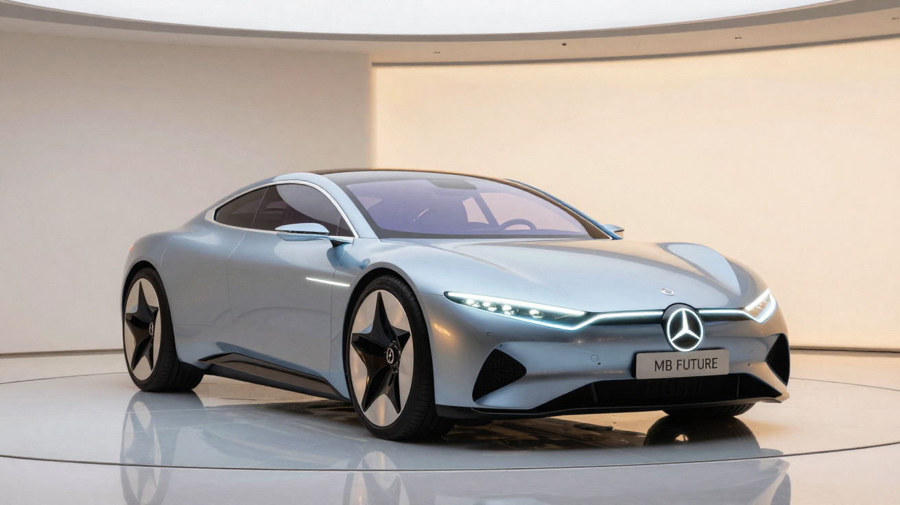 Carro esportivo Mercedes-Benz futurista prata exibido em sala moderna com iluminação suave.