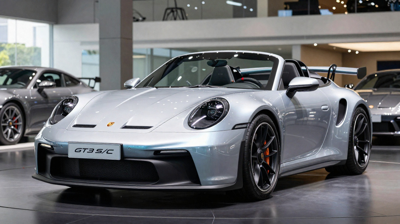 Carro esportivo Porsche GT3 5/C prata exibido em showroom moderno com teto conversível aberto.
