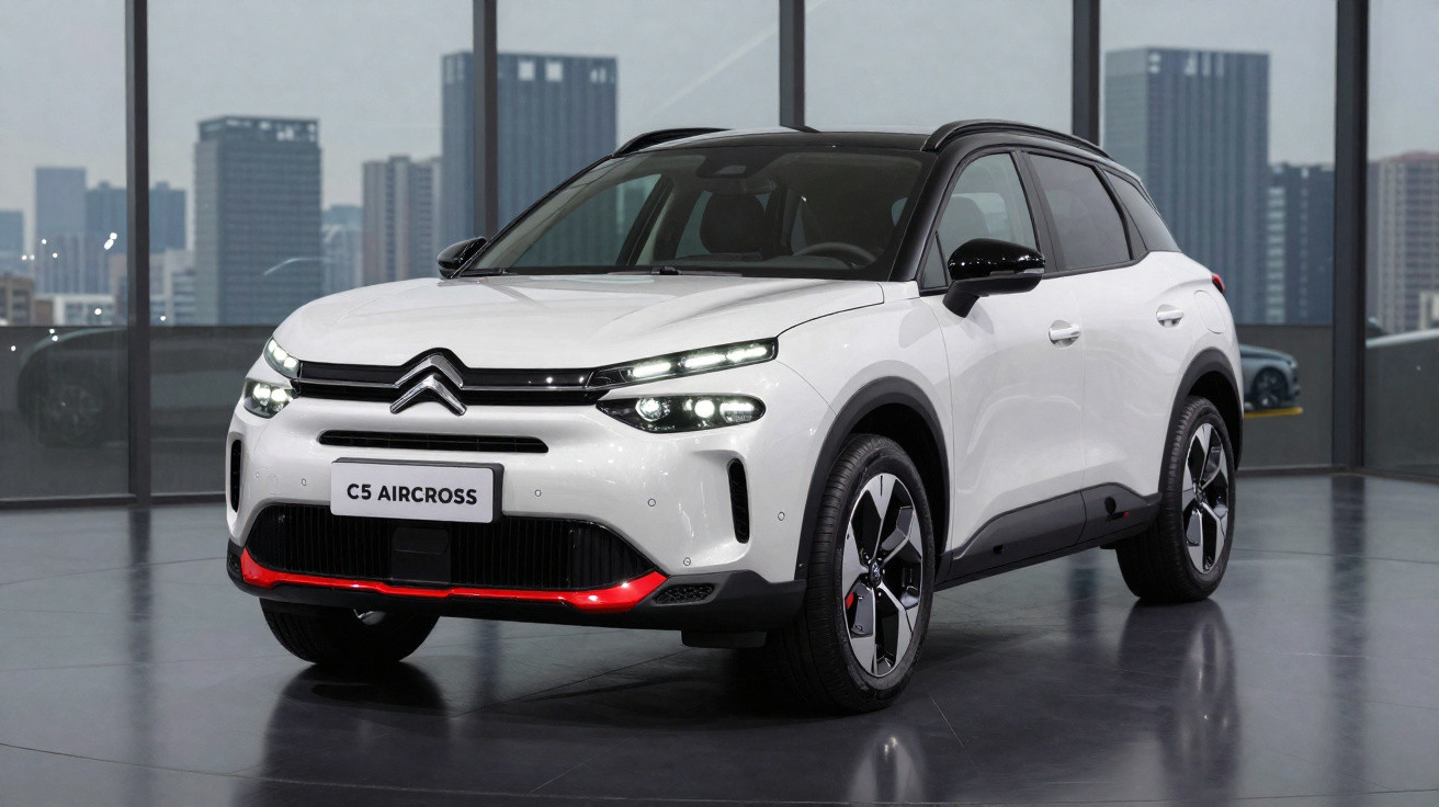 SUV Citroën C5 Aircross branco e preto em ambiente interno com prédios ao fundo.