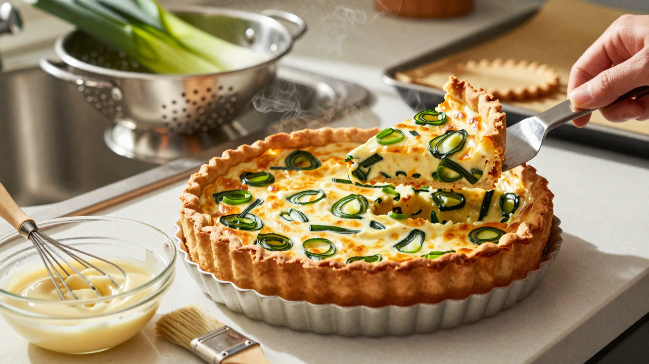 Pessoa retirando uma fatia de quiche de alho-poró quente em forma de torta na cozinha.