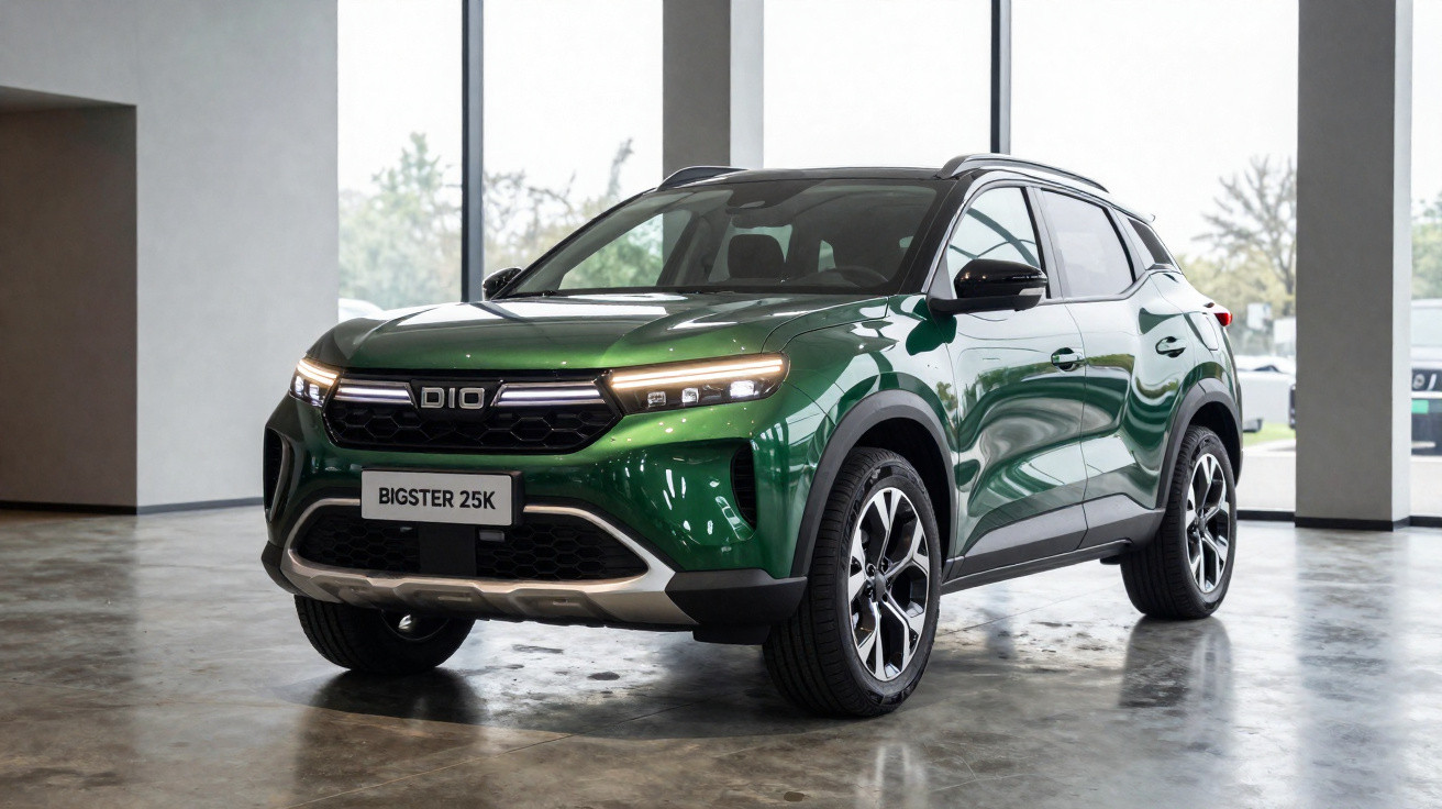 SUV verde DIO Bigster 25K estacionado em ambiente interno com piso de concreto e paredes brancas.