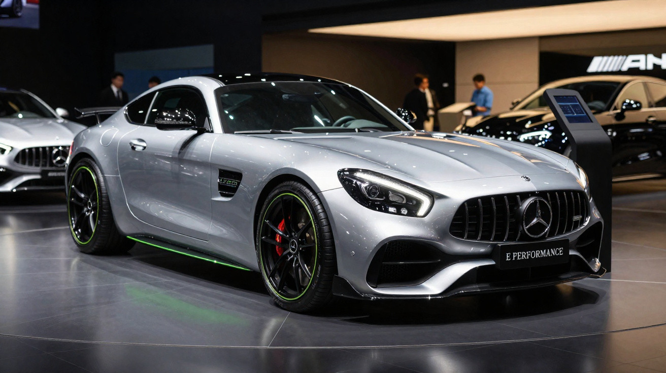 Carro esportivo prata Mercedes-Benz AMG GT exposto em salão automotivo com iluminação destacada.